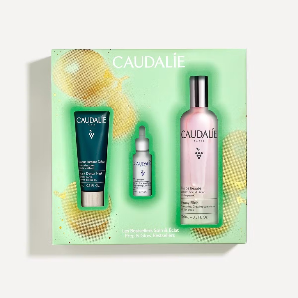 CAUDALIE COFFRET BESTSELLERS SOIN & ECLAT - EAU DE BEAUTE, MASQUE INSTANT DETOX &  SERUM ECLAT